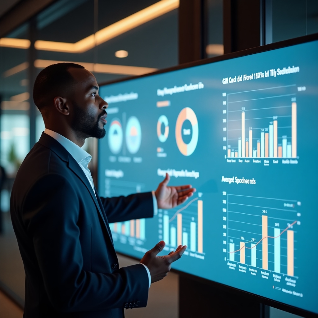 An analyst presenting gift card value Data on a large transparent display