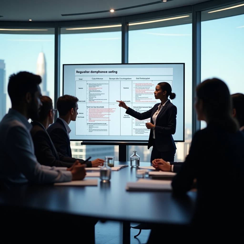 A professional setting depicting a regulatory compliance meeting about gift card policies