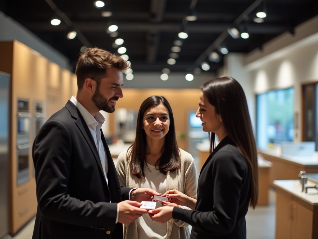 A couple exploring a kitchen showroom while holding a store-specific gift card
